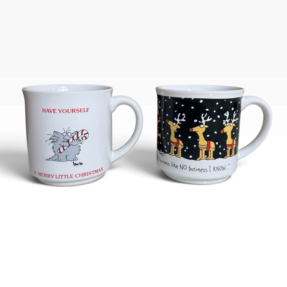 Vintage Sandra Boynton Christmas Mug Pair Retro Holiday Kitsch Reindeer